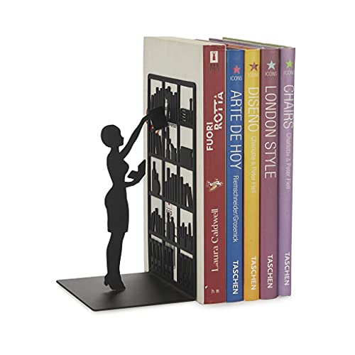 Balvi The Library Metal Bookend – Decorative and Functional Book Holder for Home and Office – Sturdy Black Design with Anti-Slip Bumpers – Ideal Gift for Book Lovers – Sujetalibros