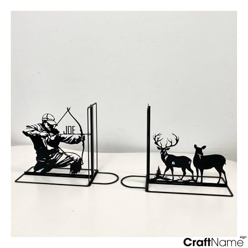 Craftnameisgn Custom Deer Hunting Metal Bookends for Shelves Decorative, Hunter Book Ends Metal Art for Home Office, Book Stopper for Heavy Books, Hunting Book Shelf Holder - color: Design 04