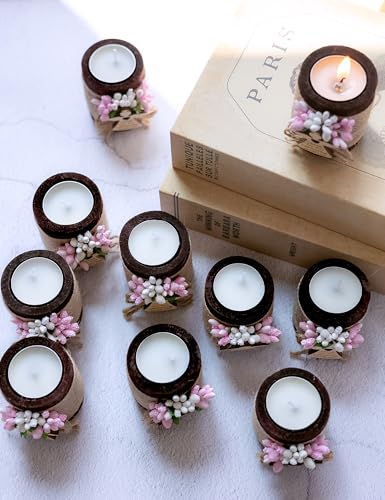 Ju's Favors Wooden Candle Holders Set of 10 for Baptism Gift for Guests, Christening Gifts, Party Favors. (Dark brown - pink) - color: Dark Brown - Pink