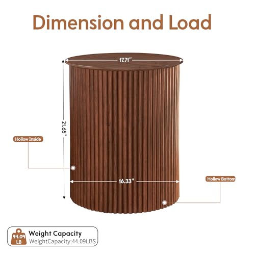 AVZEAR Small Round Side Table Fluted Night Stand Set of 2, 17.7" Mid Century Modern End Table, Circle Bedside Tables Wood Nightstands for Small Spaces, Living Room, Bedroom (Rustic Walnut) - color: Walnut, size: 17.7"D x 17.7"W x 21.6"H