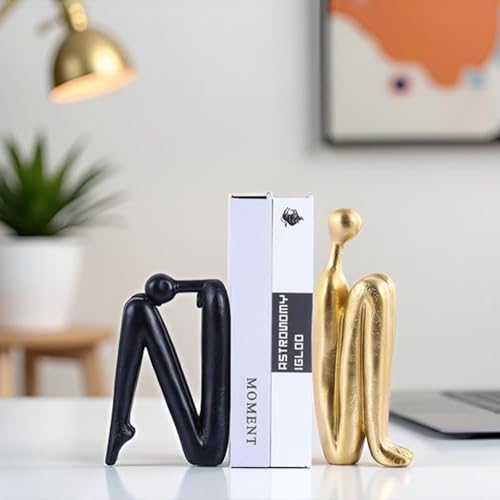 Modern Decorative Bookends,Gold and Black Book Ends for Heavy Books,Thinker Statue Decor,Book Holders for Book Shelves,Unique Office Desk Decorations, Bookshelf Decoration - color: Black and Gold