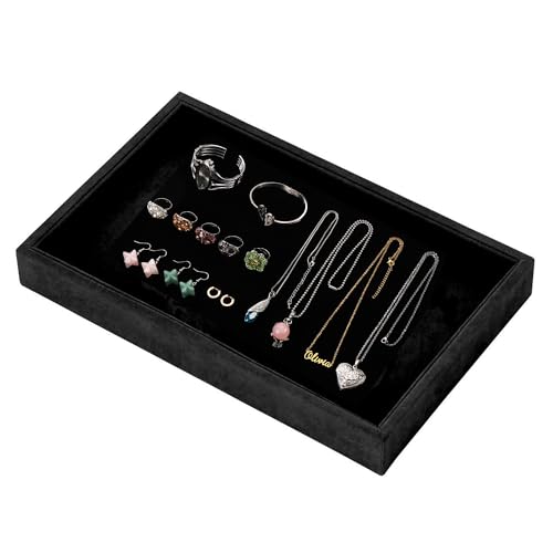 Mornajina 9" x 5.7" Velvet Jewelry Tray Jewelry Display Tray, Stackable Empty Plate Trays for Earrings Necklaces Bracelet Rings Display Showcase - Black - color: Black, size: Flat Tray 9"x5.7"