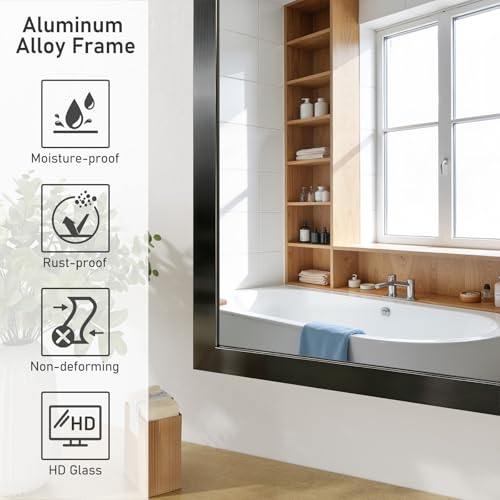 Koonmi Bathroom Mirror for Wall, 24"x36" Black Bathroom Mirror for Over Sink, Shatterproof Tempered Glass Vanity Mirror with Anti-Rust Aluminum Alloy Frame, Hang Horizontally or Vertically - color: Square Edged, size: 36"L x 24"W