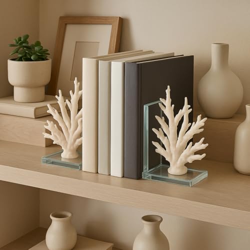 Decorative Coral on Glass Bookends - Coastal Inspired Book Ends for Bookshelf Decor or Book Accessories - Modern Office Desk Accent, Home Library, or Entryway Home Decor - Set of 2, 7.25", White