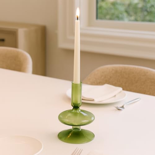 Glass Candle Holder - Taper Candle Holders and Candlestick Holders for Table Decor, for Living Room, Mantel, or Dining Table, Sculptural Disc and Sphere Design Home Decor Accent – 5", Green - color: Green, size: 5.0" H