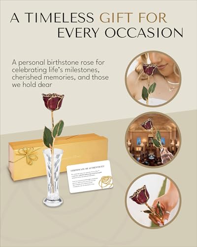 Forever Rose Hand-Dipped in 24K Gold, Garnet-Inspired January Birthstone with Sparkles, Real Rose in Luxury Gold Gift Box & Glass Vase – Perfect Ready to Gift for January Birthday or Any Occasion - color: January Garnet