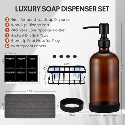 Kitchen Soap Dispenser Set with Instant Dry Tray & Sponge Holder,16 Oz Hand and Dish Soap Amber Glass Dispenser Set,Stainless Steel Pump,Waterproof Labels,Luxury Soap Bottle for Bathroom - color: Amber Bottle+black Pump