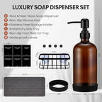 Kitchen Soap Dispenser Set with Instant Dry Tray & Sponge Holder,16 Oz Hand and Dish Soap Amber Glass Dispenser Set,Stainless Steel Pump,Waterproof Labels,Luxury Soap Bottle for Bathroom - color: Amber Bottle+black Pump