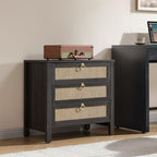 SICOTAS Night Stand with Drawers, Large Rattan Bedside Table with Golden Handle, 3 Drawers Nightstand Tall End Table Side Table Boho Nightstand for Bedroom - color: Obsidian