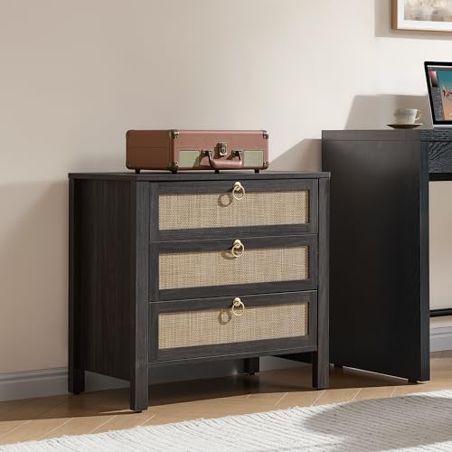 SICOTAS Night Stand with Drawers, Large Rattan Bedside Table with Golden Handle, 3 Drawers Nightstand Tall End Table Side Table Boho Nightstand for Bedroom - color: Obsidian