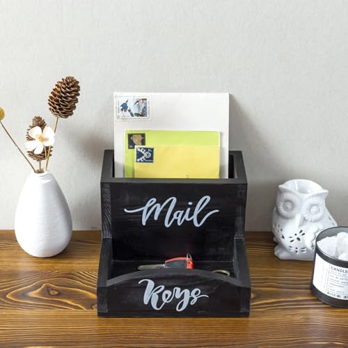 MyGift Urban Modern Mail Holder and Key Organizer Tray in Black Stained Solid Wood Finish, Entryway Storage Catchall with Cursive Mail and Keys Word Design, Office Desktop Organizing Bin - color: Coal Black