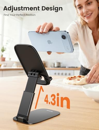 Lamicall Foldable Cell Phone Stand for Desk - [Ultra Thin] Portable Travel Holder, Height Adjustable, Weighted Metal Base, Thick Case Friendly for iPhone 17 16 15 Pro Max, Galaxy S26, Gift Mothers Day - color: A-Black