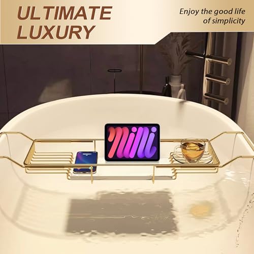 BVL Bathtub Tray Stainless Steel with Marble Base Gold Bathtub Tray with White Marble Base Adjustable & Rustproof Bath Caddy for Spa, Relaxation, Bath Bombs - color: Gold
