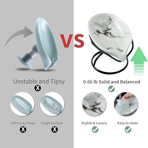 Dobbyby Leaf-Shaped Soap Dish – Premium Ceramic Soap Bar Holder with Self-Drainage System – Bar Soap Holder for Shower, Bathroom Sink, Kitchen – Waterfall Soap Dish with Stainless Steel Stand (Black) - color: Black