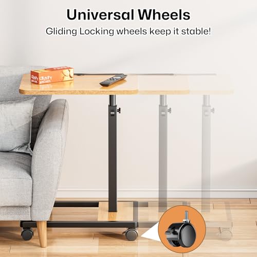 Adjustable TV Tray Table - 360° Rotating C Shaped End Side Table Sofa Couch Bed Table with Wheels for Eating Living Room Laptop - color: Oak