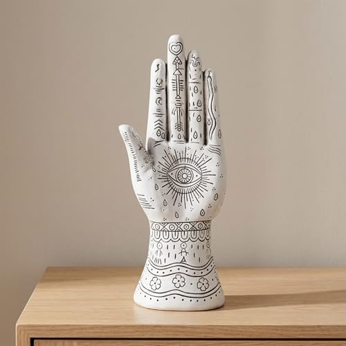Resin Tattoo Hand Figurine for Home and Office Decor - Artistic Symbols Accent Display for Bathroom, Living Room, and Shelf - Graphic Sculpture Ornament for Coffee Table Decor - 10", White & Black - color: White