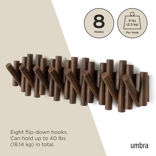 Umbra Picket Coat Rack with 8 Hooks – Walnut Wall-Mounted Coat Rack with Flip-Down Wooden Hooks, Real Pine Wood Decorative Wall Storage for Jackets, Hats, Scarves, Bags, Entryway, Bedroom Living Room - color: Walnut, size: 8-Hook