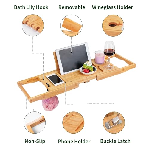 Utoplike Bamboo Bathtub Caddy Tray Bath Tray for Tub, Adjustable Bathroom Bathtub Organizer with Book Tablet Wine Glass Cup Towel Holder (24.5"-37.4") - color: 24.5-37.4 in