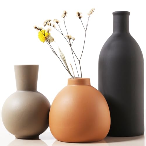 Joeabor Ceramic Vase Set of 3 - Handcrafted Ceramic Vases for Home Decor & Shelf - Modern Farmhouse Decor for Kitchen, Office, Bedroom & Living Room Decorative Objects for Mantel, Table Centerpieces - color: Set C