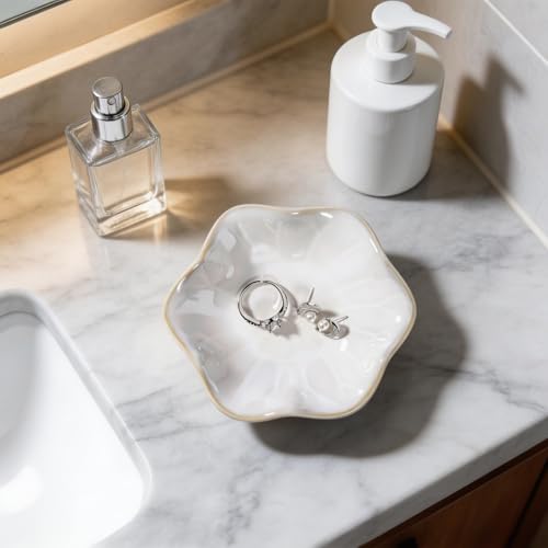 White Lotus Leaf Shape Ring Jewelry Dish Holder,Small Trinket Jewelry Tray,Decorative Jewelry Plate Bowl,Key Bowl,Mothers Day Birthday Engegament Gifts for Women Mom Friends,Ceramic - color: Lotus White