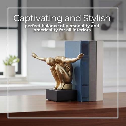 Resin Book Ends Decorative Bookends – Book Holder for Shelf Decor and Office Decor, Office Shelf Decor and Book Lovers Gifts, Art-Inspired Sculpture Home Decor Accent – 11", Gold & Black