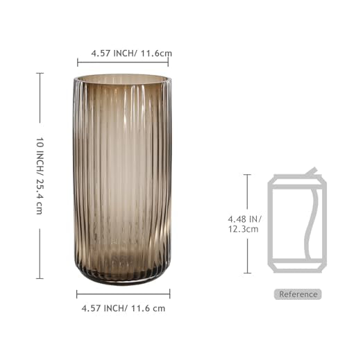 Thick Amber Glass Vase for Flowers, 10 Inch Tall Ribbed Flower Vase for Bouquet, Countertop, Bathroom Vanity, Living Room Decorative Vases for Flowers, Kitchen Shelf, Dining Table, Entryway - color: Amber, size: Medium - 10''H