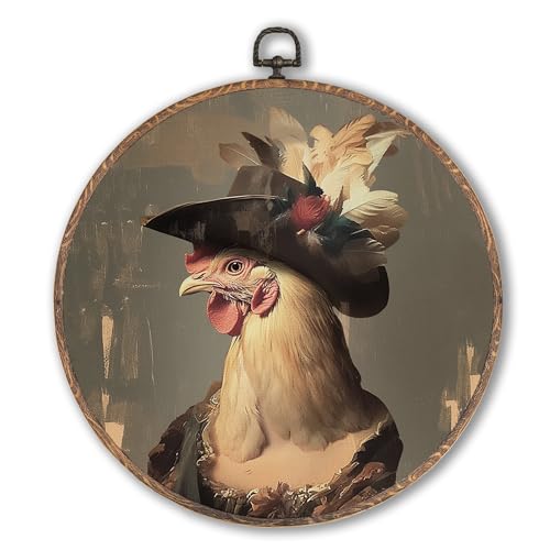 Hxlac Whimsical Chicken Round Wall Art Framed, Dark Moody Rooster Round Wall Decor, Rustic Farm Animal Chicken Hanging Canvas Prints Wall Sculptures for Kitchen Bedroom Living Room Decor, 10x10 Inch - color: chicken