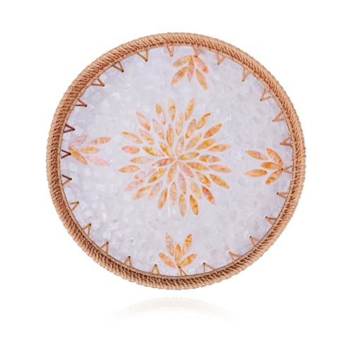 Shellac Rattan Tray with Mother of Pearl Inlay, Round Decorative Serving Tray for Home Décor Coffee Table Storage and Display, 100% Natural Materials - Orange 13.5" - color: Orange, size: 13.5"