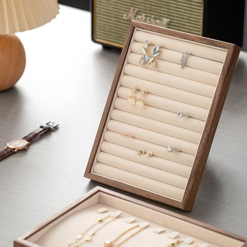 12-Line Black Walnut Wooden Jewelry Tray with Velvet Lining - Premium Ring & Earrings Storage Organizer for Drawers, Luxury Jewelry Display Tray, Elegant Jewelry Organizer for Women - color: 12 Line