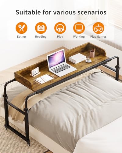 Saifu Overbed Table with Wheels, Adjustable Height & Length Laptop Desk for Bed, King & Queen Size Beds Bed Table, Rolling Standing Desk, Over Bed Table for Working Reading Eating, Red Brown - color: Red Brown