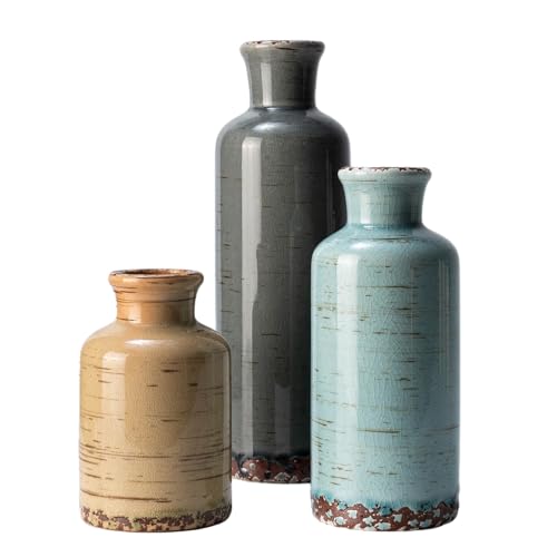 Vintage Ceramic Flower Vase Set of 3, Rustic Farmhouse Vase for Home Decor, Distressed Decorative Vase for Table Entryway Mantel Centerpiece Living Room Bathroom Bedroom (Gray Blue Stripe) - color: 107-gray Blue Stripe