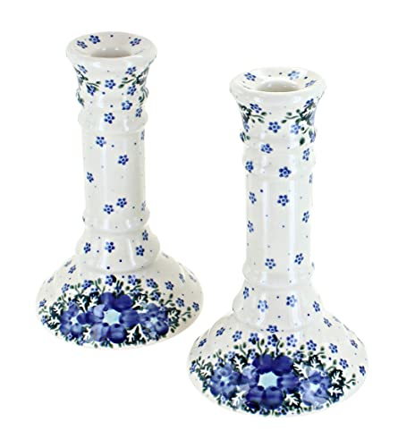 Blue Rose Polish Pottery - Blue Melanie Candlestick Pair - 7.5" Tall - Hand-Painted Polish Pottery Ceramic Candle Holders