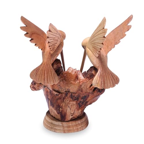NOVICA Artisan Crafted Handcarved Wood Sculpture | Hummingbird Figurine Decor | Sustainable Animal Themed | Benalu & Jempinis Wood | NAT Geo Decoration | Indonesia ' Hummingbird Couple' 7.5" H x 6" W