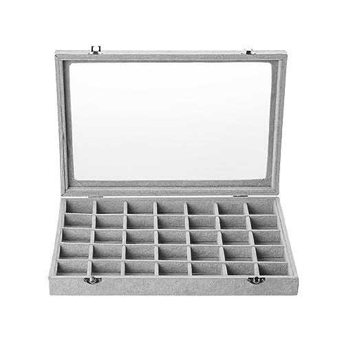 Frebeauty Velvet Jewelry Tray,35 Grid Jewelry Organizer with Clear Lid,Earring Holder Organizer Case with Clasp,Drawer Insert for Rings Studs,13.8 x 9.5 x 2 Inches,Gift for Women Girls(Grey) - color: Grey, size: 35 Grid