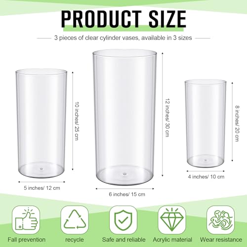 meekoo 3 Pcs Flower Acrylic Vase Cylinders Round Decorative 4 x 8 in, 5 x 10 in, 6 x 12 in Vase Break Resistant Acrylic Flower Cylinder for Centerpiece Home Wedding Decor(Clear, Classic) - color: Classic, size: 4 x 8 in, 5 x 10 in, 6 x 12 in