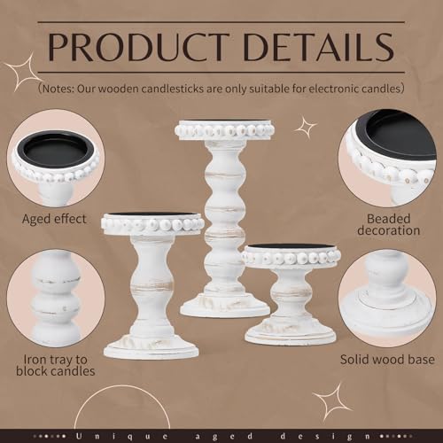 Mumufy 3 Pcs Candle Holders for Pillar Candles Rustic Farmhouse Home Decor Decorative Washed Beaded White Black Wood Candle Holder Country Style for Table Mantel Fireplace Wedding (White,Small) - color: White, size: Small