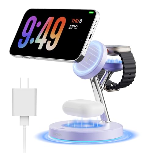 New 3 in 1 Charging Station for Apple Compatible with Magsafe Charger Stand for iPhone 17 16 15 14 13 12 Wireless Charging Station for AirPods Wireless Charger for iWatch Series - color: Purple