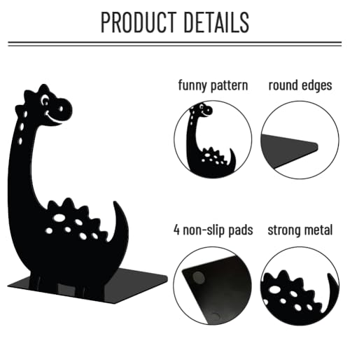 WADORN Cartoon Dinosaur Metal Bookends for Shelves Decorative 1 Pair, Heavy Duty Books End Support Non-Skid Book Holder Black L-Shaped Book Stopper for Home Office Desk Book Divider, 4.7x3.5x7 Inch - color: Dinosaur