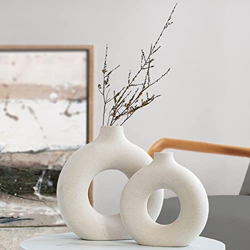 QLOFEI White Ceramic Vases Set of 2, Round Matte Modern Vase for Home Decor, Donut Ceramic Design Pampas Grass Vases for Living Room Coffee Table Decor, Boho Style for Gift - color: White, size: Big + Super Big