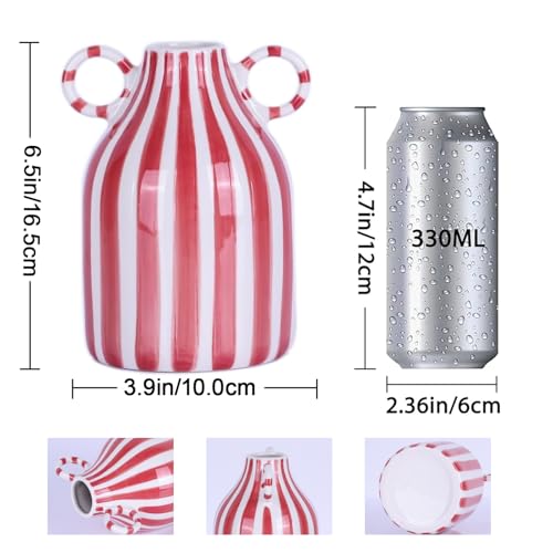 Red and White Ceramic Vase with Handle, Nordic Boho Small Vases Side Table Flower Centerpiece, Wide Mouth Single Flower Vase Pampas Grass Decorative - for Home Window Sill Living Dining Room Kitchen - color: Red and White