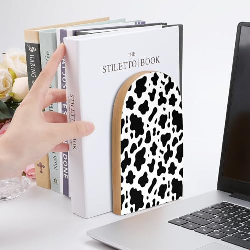 Wooden Bookends 2 Pcs,Black and White Cow Print Heavy Duty Office Book Ends Anti Slip Book Shelf Holder with Metal Base Decorative Book Stands - color: Black and White Cow Print