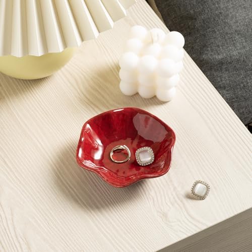 Ceramic Ring Dish, Jewelry Dish Holder, Small Trinket Tray Plate for Earrings Rings Necklaces Keys, Gift for Mom Friend Sister on Birthday Mother's Day Christmas (Red Surface) - color: Red Surface