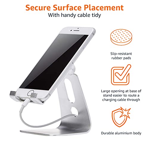 Amazon Basics Adjustable Aluminum Phone Stand for Cell Phones, iPhone and Android, Desktop Phone Holder with Adjustable Angle, Hands-Free Viewing, 3.15 x 2.87 x 3.74 inch, Silver