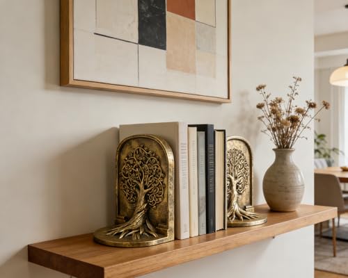 Tree of Life 3D Bookends with Intricate Details, Solid Resin Construction Non-Slip Design, Antique Gold Decor for Home Library, Office - color: Antique Gold