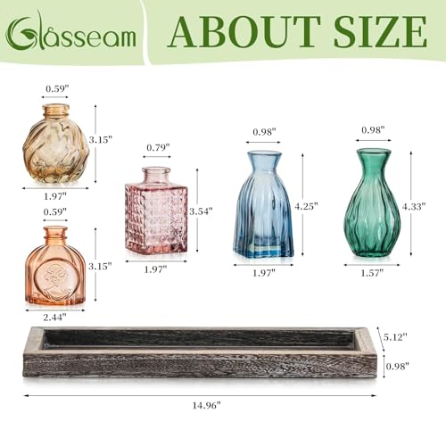 Glasseam Glass Bud Vases for Flower: 5 Colorful Small Vases Set with Rustic Wooden Tray for Home Office Living Room Bathroom - Vintage Table Centerpieces for Birthdays Wedding Housewarming Gifts