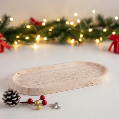 Handcrafted Travertine Tray – Bathroom Counter Organizer, Jewelry Tray, Perfume Organizer & Decorative Tray for Vanity Accessories, Coffee Table Decor & Bathroom Countertop (Oval, Natural) - color: Natural, size: 11.8" x 5.9" x 0.8"