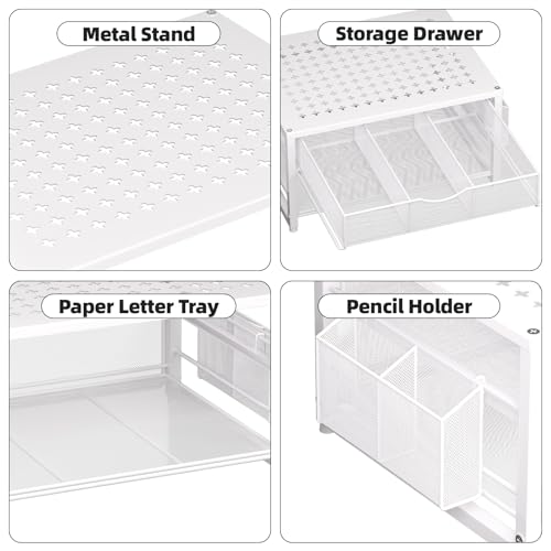 Marbrasse Metal Printer Stand for Desk with Storage Drawer and 2 Pen Holders, 2-Tier Desktop Organizer Printer Table for Home Office, Multi-Purpose Desk Organizer for Fax Machine Scanner Files(White) - color: White