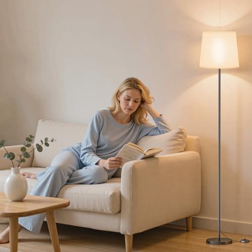 SIBRILLE Floor Lamp with White Shade, 62" Dimmable LED Standing Lamp with Remote, 9W E26 Bulb Included, 3000-6000K, Modern Floor Reading Light for Bedroom Living Room Office Corner, Black Pole - color: White