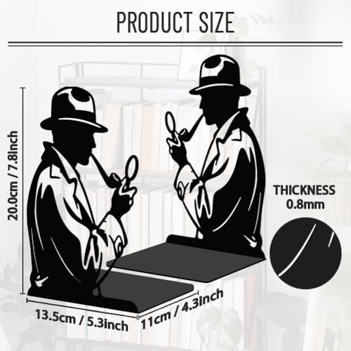 WADORN 1 Pair Detective Themed Metal Decorative Bookend for Shelves, Heavy Duty Book Ends Modern Non-Skid Books Holder Stand Black Book Support Stoppers for Desk Bookshelf Office, 5.3x4.3x7.8 Inch - color: Detective Theme