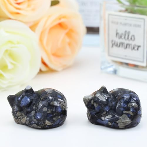 QINJIEJIE Blue Labradorite Cat Crystal Natural Healing Stone Sleeping Cat Statue Stone Figurine 1.6''Carved Polished Gemstones Decors Office Room Home Desk Decoration for Men Women Lovers - color: J-bule Labradorite, size: 1.5 inches